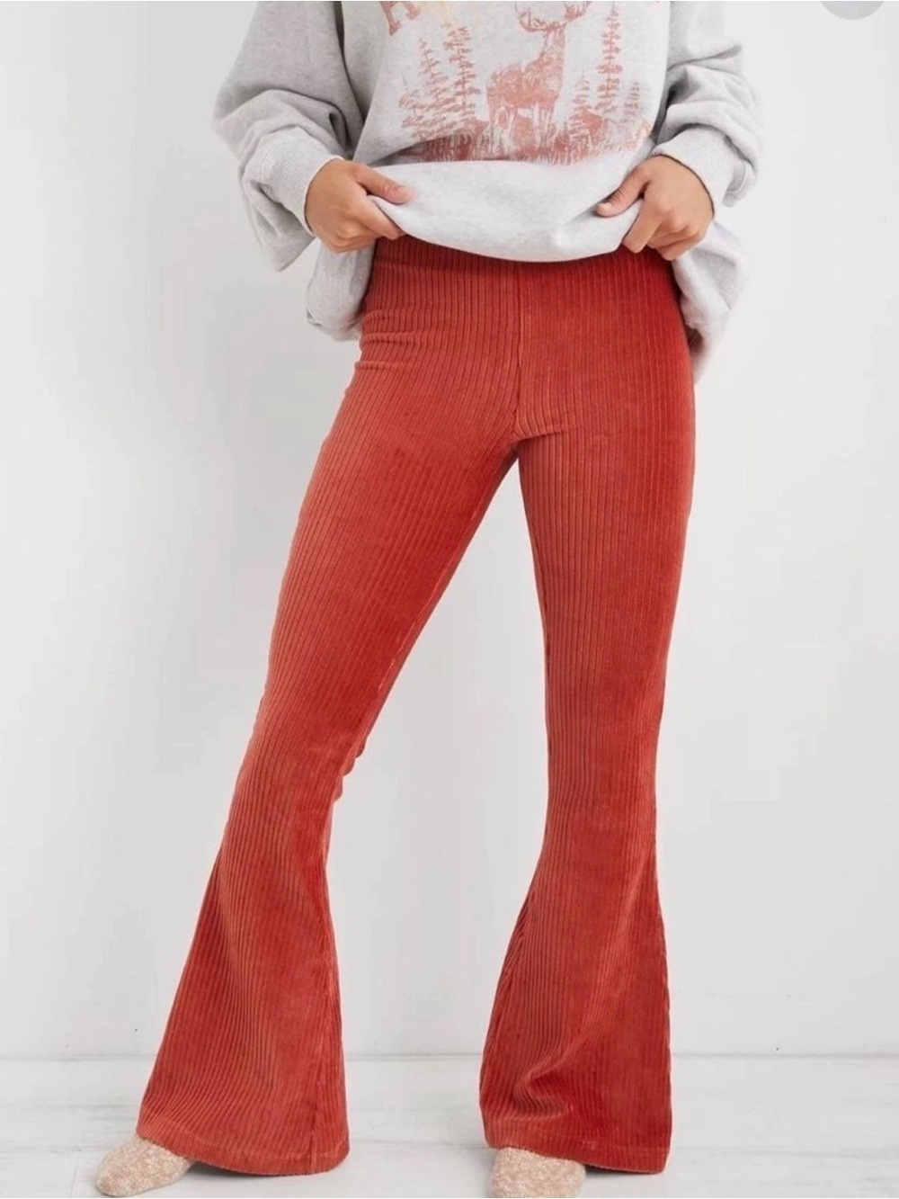 Aerie Ribbed Flare Pants Women’s M Burnt Orange Pull On Stretch